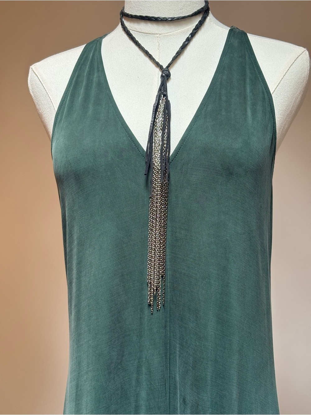 Tassel necklace - Braided leather cord w/ silver chain & leather tassels